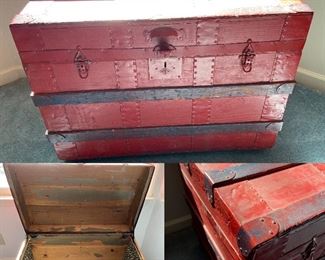 Antique Red Painted Steamer Trunk