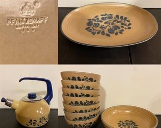 Pfaltzgraff (Tan Stoneware Folk Art) Metal Teapot, Oval Serving Platter, Set 7 Salad Bowls & Serving Bowl