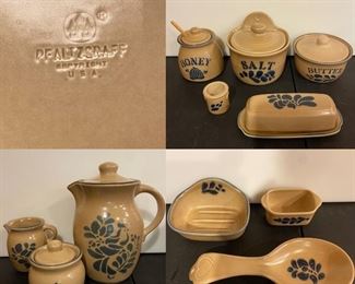 Pfaltzgraff Tan (Stoneware Folk Art) Serving Pieces
Butter Crock, Butter Dish, Honey Pot, Toothpick Holder, Salt Crock, Spoon Rest, Soap Dish, Teapot with Cream & Sugar