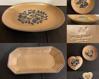 Pfaltzgraff (Tan Stoneware Folk Art) Oval Serving Platter, Rectangular Bread Serving Platter, Pie Plate, Pair Miniature Hearts, Heart Trinket Dish, Small Round Whatnot Dish