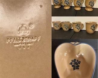 Pfaltzgraff (Tan Stoneware Folk Art) Set of 4 Pedestal Mugs, Set of 4 Coffee Mugs, Large Apple Shaped Dish