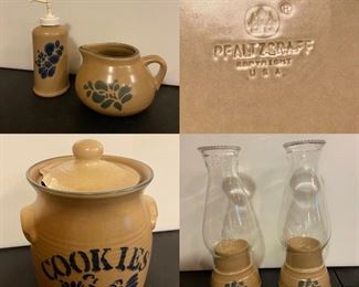 Pfaltzgraff (Tan Stoneware Folk Art) Cookie Jar (lid as-is), Pair Hurricane Candle Holders, Soap Dispenser, Gravy Pitcher