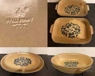 Pfaltzgraff (Tan Stoneware Folk Art) Medium & Large Oval Serving Dishes, Pair Handled Rectangular Serving Dishes, Pair Deep Salad Plates