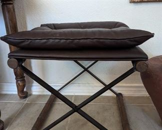 Cleo Baldon style brown leather seat, oak and iron X benches (set of two)