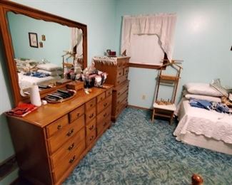 Two twin bed set with dresser mirror and chest of drawers 
Bedding
Butler chair