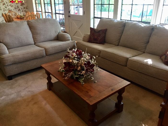Ashley sofa and loveseat purchased in 2020. Note: The white spot on the sofa cushion is the evening sun shining through the window. Both pieces are in great condition!