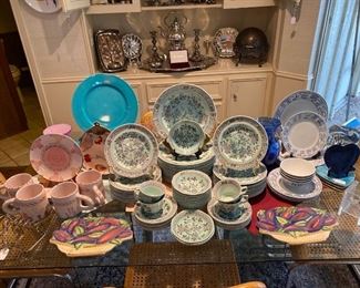 Vintage Adams Calyx Ware in pale aqua with a classic Singapore Bird pattern. With other stunning collections on either side.