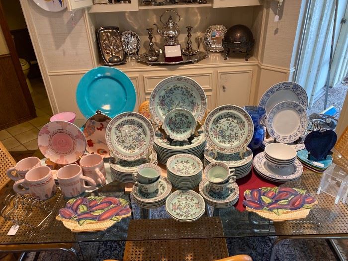 Vintage Adams Calyx Ware in pale aqua with a classic Singapore Bird pattern. With other stunning collections on either side.