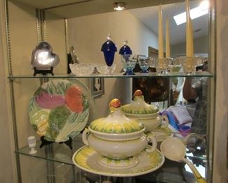 Dansk crystal candle holders, Italian platter & 4pc Italian handmade serving piece.