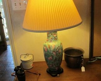 Beautiful Chinese lamp in a beautiful blue, Antique Copper Pot, & Vintage Binoculars