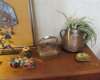 Antique primitive copper pot & kettle - the real deal!  We have several around the room!