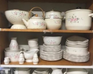 Pfaltzgraff Tea Rose complete set of dishes plus clock, candle, canister set, heart shape bowls & some cookware!