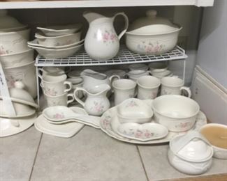 Pfaltzgraff Tea Rose complete set of dishes plus clock, candle, heart shape bowls, canister set & some cookware!