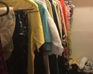 More nice clothing in closet along with scarves, specialty items, belts, lingerie & shoes.