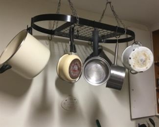 Close up of kitchen pot rack