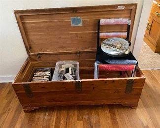Cedar chest open with small chair, cassettes & more