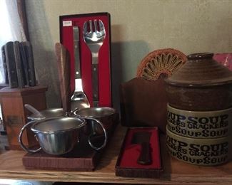 Burnco brand serving utensils along with Mid-Century Modern triple server, woven trivets and soup mugs.