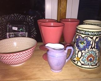 Color galore with this sweet parfait-like dishes, tall hand-painted mugs and bowl.