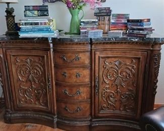 Haverty's ornate stone topped credenza / buffet. 4 drawers 2 doors gray marble top. Really classes the place up.