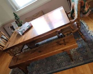 dining table with 2 benches and 2 chairs