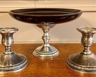 Sterling Candlesticks & Sterling & Mahogany Dish 