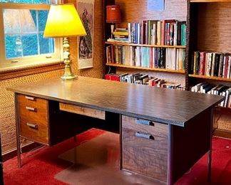 Amazing Jacques Guillon 1960s Walnut Desk with Reinforced Aluminum Legs and Pulls: Alumna Series