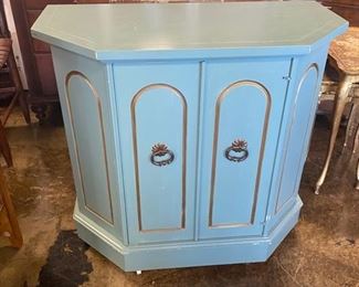 Turquoise and Gold Trimmed, Vintage, 1-Door Cabinet on Casters with one inside shelf