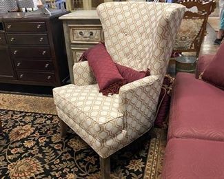 Like New! Upholstered Tan & White Tufted Wing Back Chair 