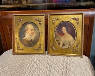 Vintage, Golden Tinted Wooden Frames, Ornately Embellished, with Lithographs of Victorian Couple (each is 14" x 17")