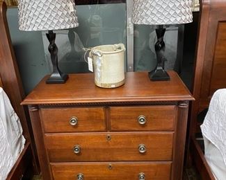 Closer view of the DURHAM FURNITURE CO. 36" Bedside Chest and 2 Black and Gray Tufted Fabric Shades (and the Bill Farrell signed Pottery)