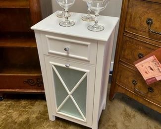 Heavy, Small White Cabinet with Frosted Glass Door and 1 Drawer and 4 Gold Rimmed Crystal Martini Glasses 