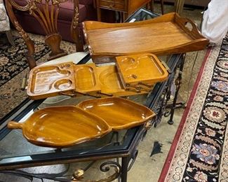 c.1960's, HELLERWARE Hors d'oeuvres folding hinged wooden tray, and a 2-Part Handmade Leaf Serving Tray, as well as a Handmade 24" Wooden Serving Tray 