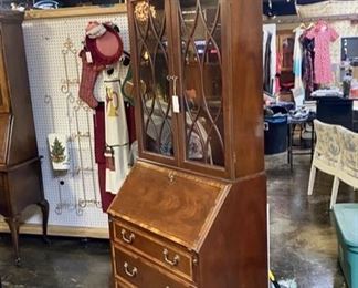  2-Piece Antique Queen Anne, Inlaid Mahogany Secretary, with Storage Compartments inside Desk