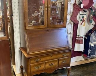 Vintage 2-Piece Mahogany Secretary with 5 Drawers, Fold Down Desk and 2 Top Doors with Shelves