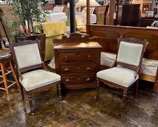 Antique Eastlake Chairs with Light Green Velvet Upholstery and a very nice 3-Drawer Eastlake Chest, all three pieces on casters