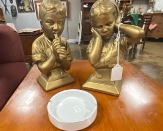 Vintage Gold Ceramic Boy and Girl and a Vintage Ashtray