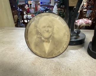 Antique 6" Round Button Tin Photo with Attached Metal Stand