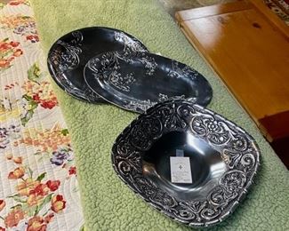 WILTON ARMETALE Square Engraved Bowl and Two NOBLE EXCELLENCE Platters