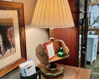 MCM Solid Wooden Lamp with Olive Green and Gold Trim and Brass Hardware and feet 