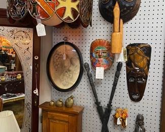 Vintage Hanging Lamp, Antique Small Oak Wall Cabinet, and a Collection of Tribal Masks