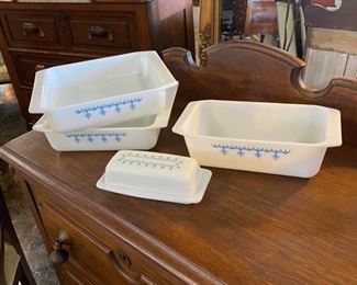c.1956-1967, PYREX Blue Snowflake #922 (8-Inch) Baking Dishes, a #913 (8-Inch) Loaf Baking Dish, and a #27 2-Piece Butter Dish
