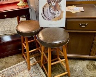 Two Mid Century Modern Brown Naugahyde Upholstered Wooden Bar Stools 