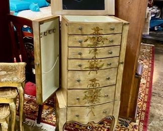 JEWELRY CHEST with Painted Design and 7 Graduating Drawers, a Top Storage Area with Mirror, and each side opens up for long necklaces