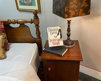 Antique Side Table/Nightstand and a Metal Lamp with a Clear Acrylic Round Base and Square Shade