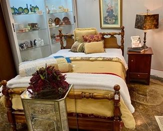 Nicely Crafted Solid Oak, Turned-Post, Full Size Bed, includes Mattress, Boxsprings, Comforter, Bedskirt and 4 Throw Pillows