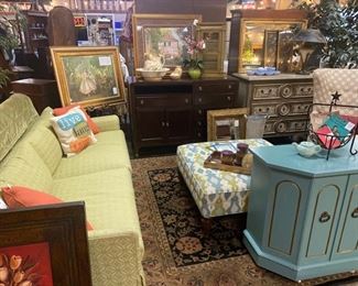 Green Upholstered Sofa and a Matching Large Ottoman