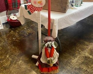 Vintage, Handmade, Stuffed Mother-Mouse (with wire spectacles) Broom Cover and Wooden Holiday Card Holder Snowman 
