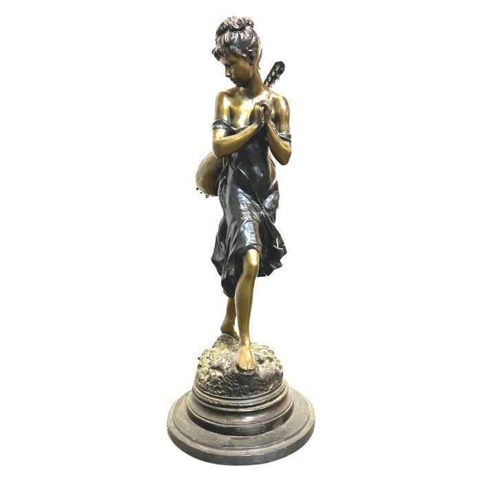 Large Antique Auguste Moreau Bronze Guitarist Lady