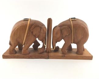 Vintage Carved Teak Wood Elephant Bookends