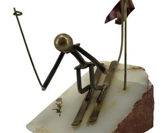 Signed DeMott Brass and Quartz Ski Sculpture
